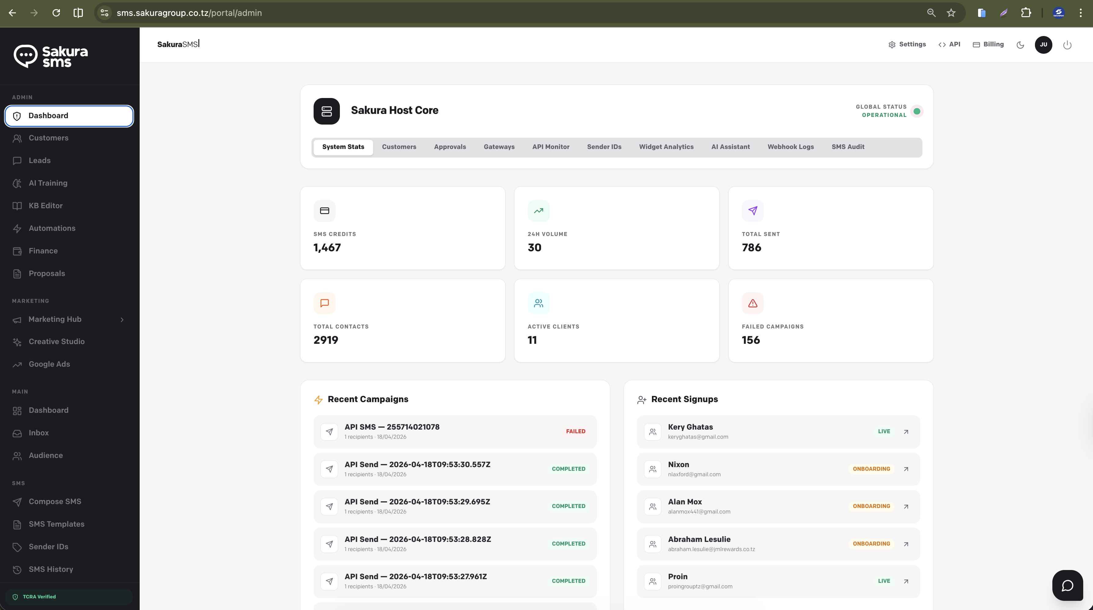 Sakura SMS portal dashboard